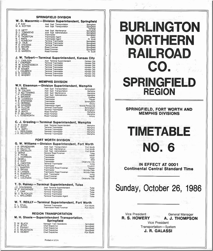 BN Springfield Timetable No 6, 1986.