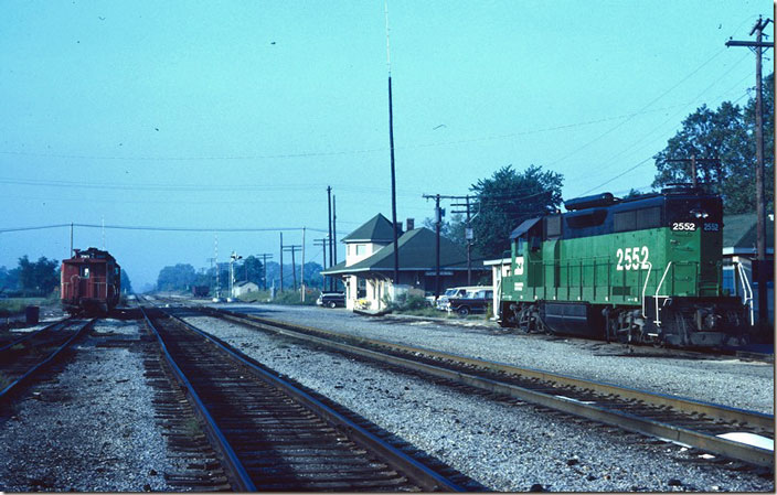 Local freight power was parked near the depot. BN 2552. Looking south. Chaffee MO.