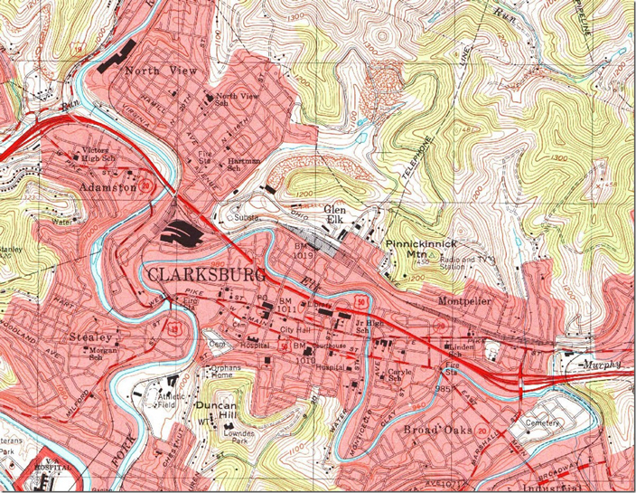 USGS Clarksburg quad, 1996, 1:24,000 scale topo (7.5 min.) covering Short Line Jct. on the left (west) to the east end of the yard on the right. The depot is near the location of bench mark 1019. Clarksburg WV, 1:24,000 quad, 1996, USGS.