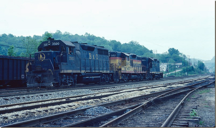 GP35 3500 with GP9s 6457-6511 are resting between moves. 05-23-1980. B&O Clarksburg.