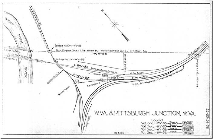 B&O valuation map for 1921. The location of the West Virginia Short Line and its use here by the Monongahela Valley Traction Co. is a puzzle to me. I remember a good sized hill being here! Everything except the main line is now gone. When we were there last October the area is growing up in trees, and the property is not easily accessible. Clarksburg.