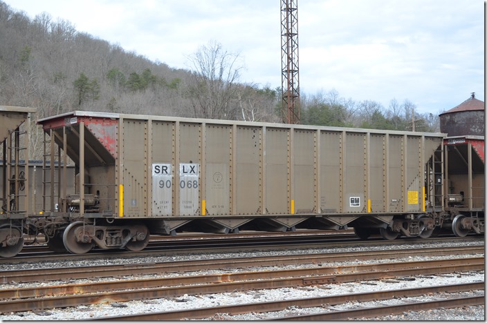 SRLX (Southern Metals Recycling) hopper 90068 is a 4000 cubic foot rotary coupler-rapid discharge hopper built by Thrall in 1990. Shelby KY. 01-03-2015.