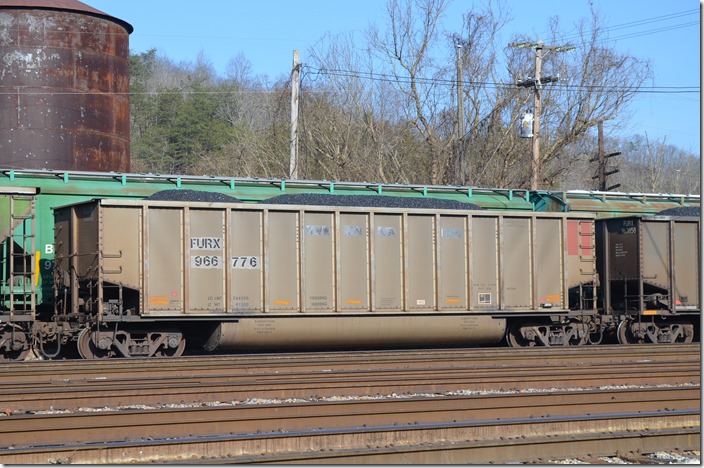 FURX (First Union Rail) tub 966776 is ex-CN. 244,500 lbs, 4520 cu. ft., built FCA-Danville IL. Shelby KY. 12-07-2014.