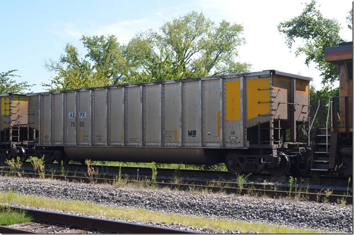 AEPX (American Electric Power) gon 7552 was built by Trinity 11-2004. It is ex-COEH. Watco Companies coal terminal at Cora IL. 08-28-2021.