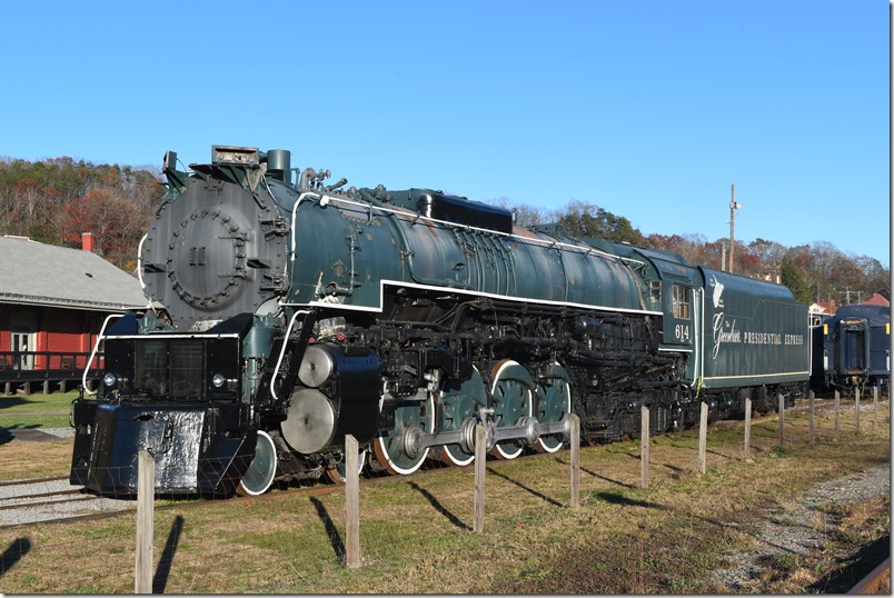 After an aborted plan to run premium excursion trains to the Greenbrier resort, no. 614 has resided at the Heritage Center. Plans are underway to move her to Strasburg PA, for restoration. C&O Ry Heritage Center 614.