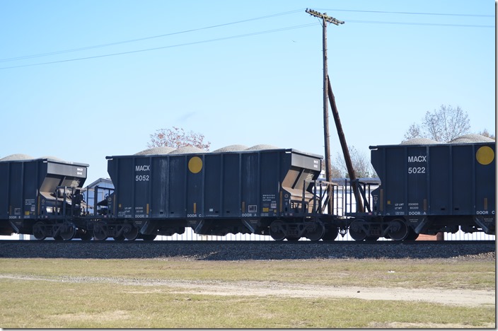 The train was composed of MACX and RTEX hoppers. MACX hopper 5052. Hamlet NC.