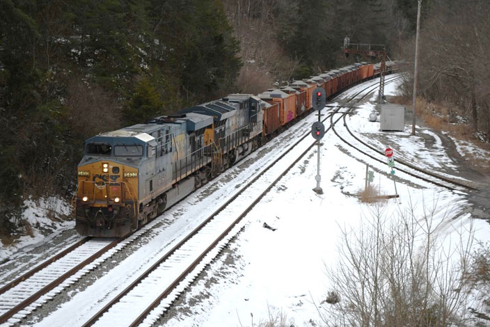 W094 with 5430-3474 pass Coal Run Jct. on 01-23-2025 with 86 loads of ballast and rip-rap stone.