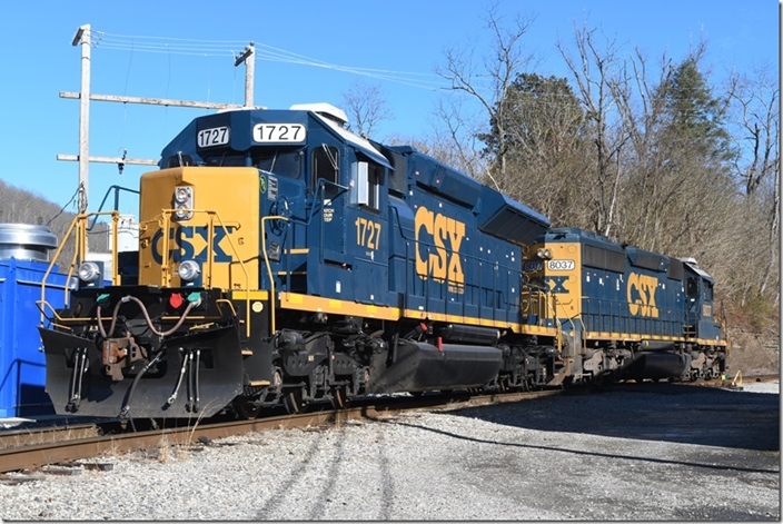 The info I saw says this is ex-8077, a SD40-2. It has been equipped with a 6-cylinder GEVO engine. That’s a twist...an EMD with a GE engine! CSX 1727-8037. Shelby KY.