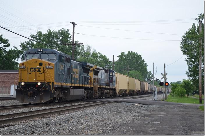 CSX 7341-7714 have westbound 92-car empty grain train V764-18. Marion.