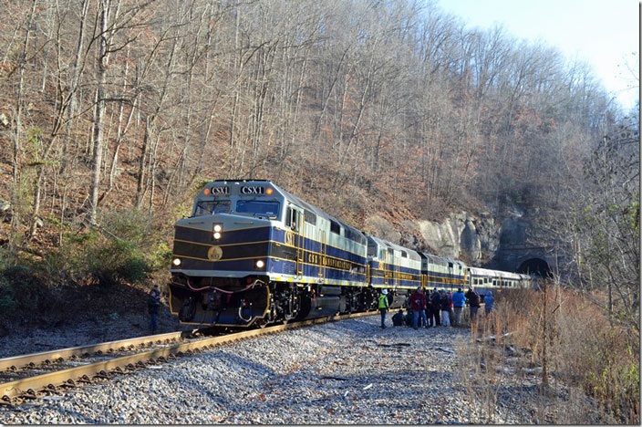 Train P001-19 slowly comes out of Sykes Mill Tunnel for the 0840 stop at Clinchco VA. CSX 1-3-2 arrives Clinchco .