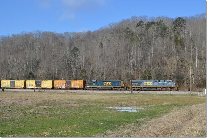 New Years day 2018 X804-02 went west with 105 empty boxcars behind CSX 5347-4012. Approximately 75 were RBOX and 30 were CSX. I was told that these were moved out of storage from the Erwin TN Yard. I don’t know whether they were to be returned to service, repaired or scrapped. Some of the CSX cars were in fairly new paint. Photographed near EM Cabin at Emma KY. Emma KY.