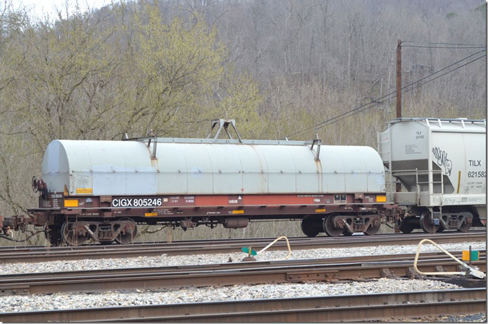 CIGX (CIT Group) flat 805246 arriving Shelby KY on an e/b freight 03-27-2022. 224,100 lbs. Blt Thrall 1997.
