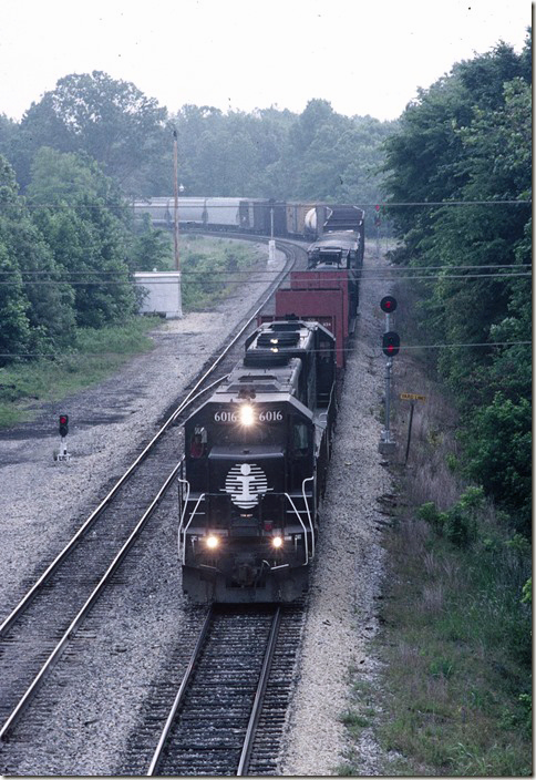 The early morning fog was hanging on when Jim Witten and I rushed out to Oaks TN, to get MHME (Markham Yard Chicago to Memphis) departing on 05-24-1998. SD40-2Rs 6016-6011 are ex-ICG model SD40A. These were built with extended SDP45 frames for long range 5000 gal. fuel tanks. They were upgraded by VMV in Paducah to dash 2 electrical standards. We would have liked to get a roster shot of these long units but... IC Fulton KY. 
