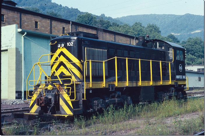 ALCo S-2 102 parked above Lynch tipple on 08-19-1978. I understand Winifrede Mine was No. 32. Lynch.
