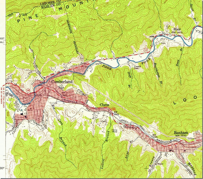 You can discern the wye in Cumberland. L&N later extended off this tail track to the new Scotia Mine. Benham, KY-VA, 1:24,000 quad, 1954, USGS.