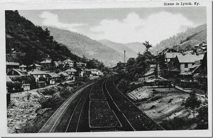 Looking south toward the tipple with Black Mountain in the background. The track within USS’s property is the Looney Creek Railroad. All track gone now. Lynch KY.