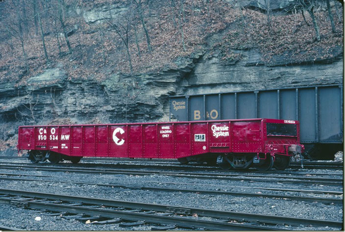 C&O MW gon 950534 is dedicated for “Wheel Loading Only.” That red paint ought to make one take notice. Peach Creek WV. 01-18-1986.