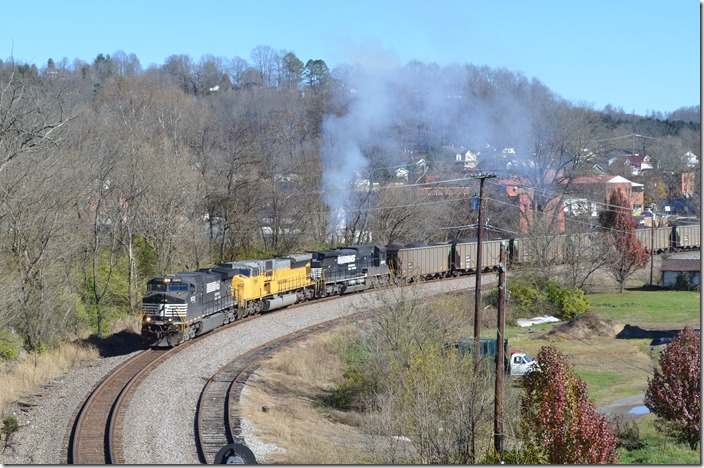NS 9733-7289-8695 are s/b on the Kingsport SD at St. Paul with 778-17. This train loaded on the former Monongahela Ry. at Murray Energy’s Monongalia County Mine (formerly Consol’s Blacksville 2 mine). The 98 NDYX loads were destined for Duke Energy’s Asheville Plant at Skyland NC. St Paul.