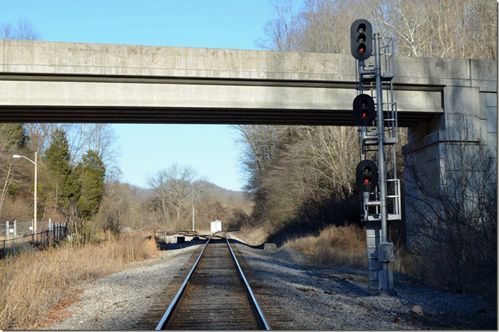 Eastbound signal. The bridge is privately owned by Appalachian Power, so there is no access. NS junction. Carbo VA.