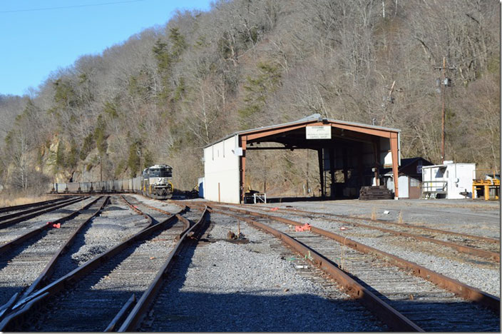 The former NS car repair shop at Carbo VA. The train is parked on the Dumps Creek Branch which has no active mines now. 01-26-2022.