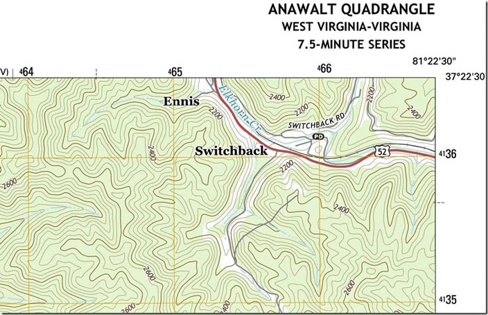 USGS 1:24,000 scale Anawalt quad 2017. The road back to the tipple has a guard house. Anawalt, WV-VA, USGS.