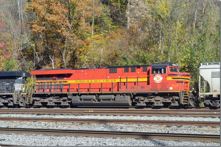 NS 8114 “Norfolk Southern” heritage unit is an ES44AC built 03-2012. Williamson WV.