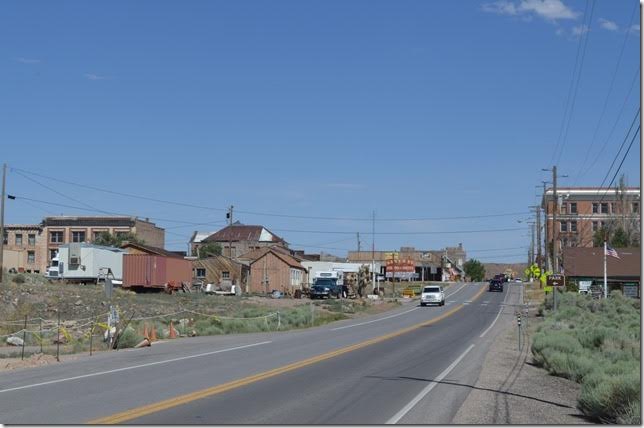 Looking south on US 95 at Goldfield NV. The Goldfield Hotel is on the right and the commercial buildings are on the left. The hotel is vacant, and presumably the other historic buildings are also.