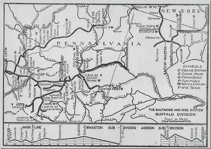 B&O divisional map from 1953 showing the Northern Sub. and the isolated former Buffalo & Susquehanna Railway lines out of Galeton. From B&O Time-Table #35. 1953. Wharton Addison