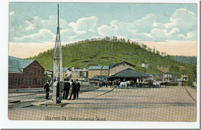 PRR depot. My back would be to the bridge here. I suspected that the present site was the location of the depot. Ca. 1910. Warren PA.