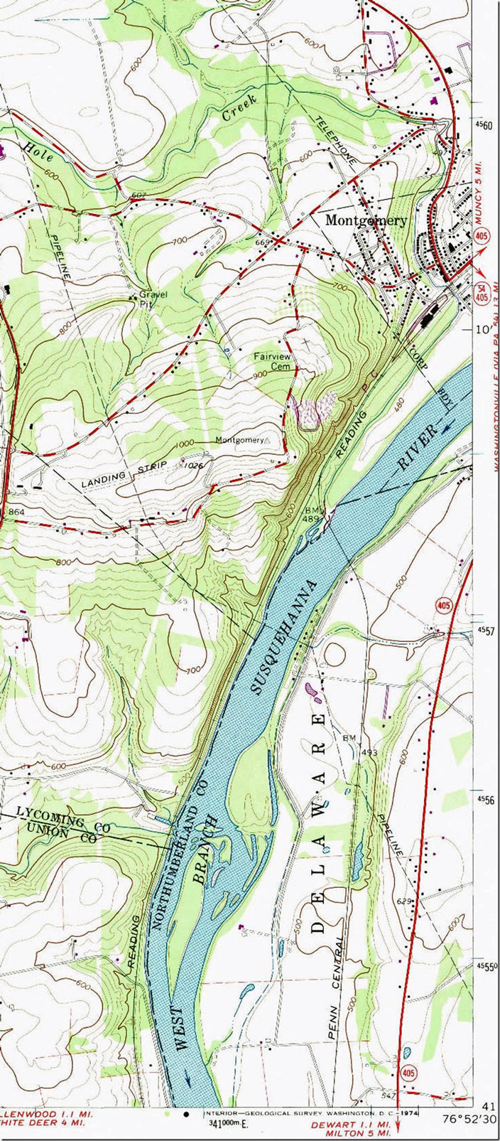 No trace of the Reading now in Montgomery. The Reading crossed the PRR just south of town at their Montgomery Tower, aka OG Tower. Pennsy called it Montgomery Crossing. Montoursville South, PA, 1:24,000 quad, 1965, USGS.
