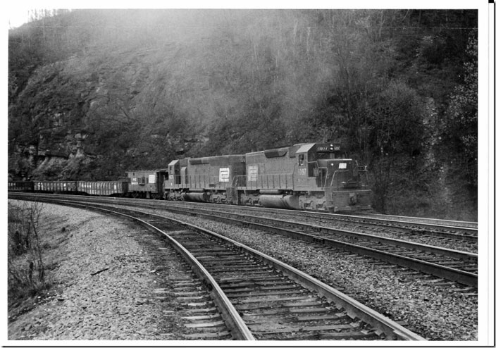 PC SD40 6097 and SD45 6170 push the ex-NYC bay window caboose. Horseshoe Curve.