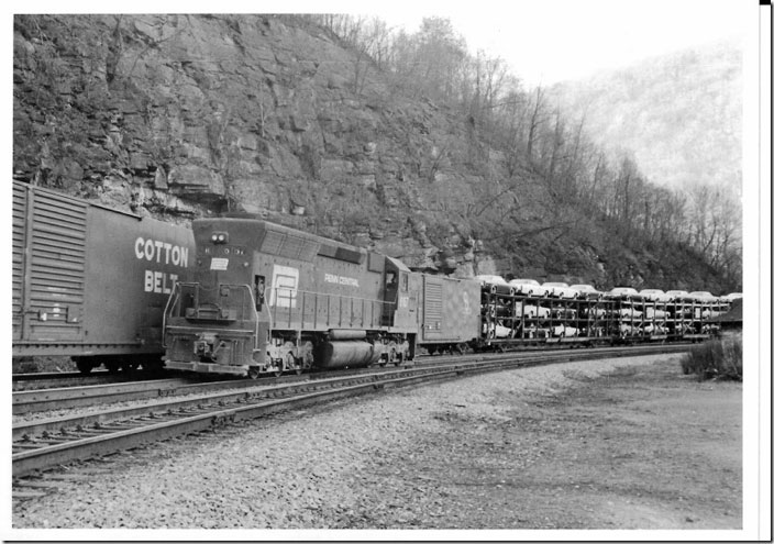 PC SD45 helper 6167 drops down the grade on track 2 formerly used by e/b passenger trains. Horseshoe Curve.