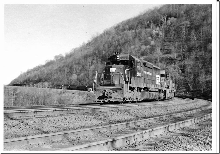 PC SD40 6103 and SD45 6139 drop downgrade with company ballast. Horseshoe Curve.