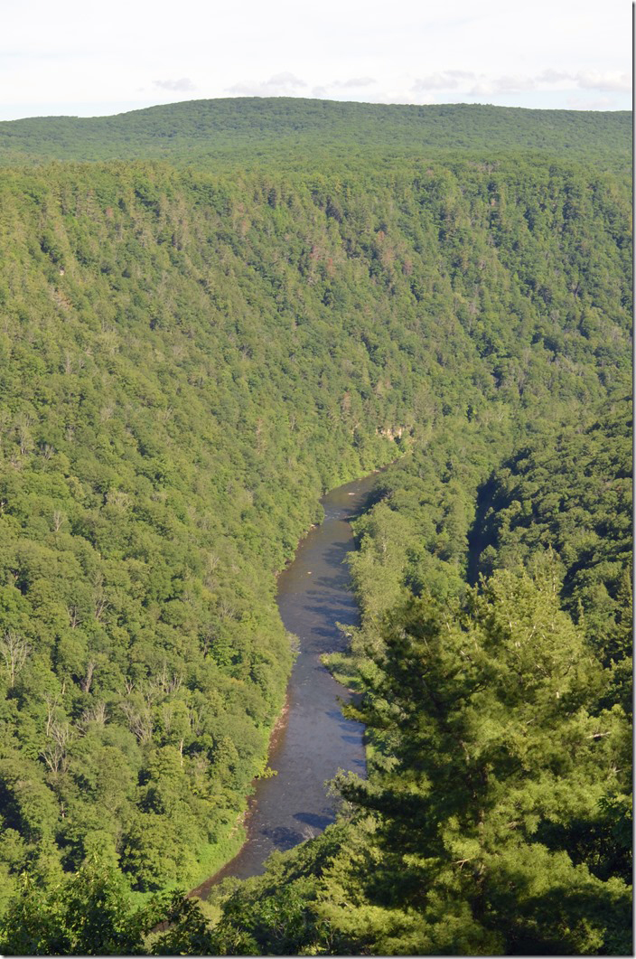 View looking north from Otter View overlook at Leonard Harrison State Park. The rail trail is on the right side of the creek. Wed., 06-23-2021. Pine Creek Gorge PA. 
