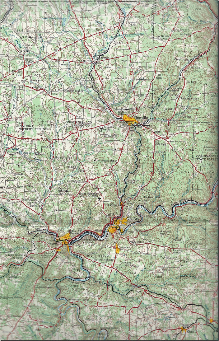 USGS Warren 1:250,000 scale map circa Penn Central era in 1967. USGS Warren Quad Oil City Titusville.