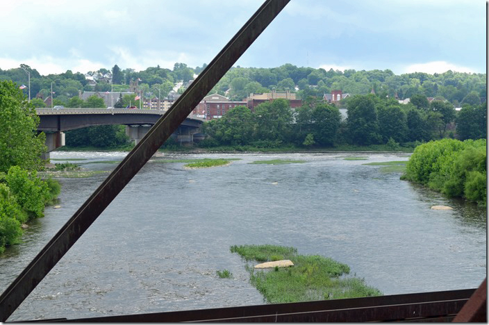 Confluence of Oil Creek and the Allegheny River at Oil City. Oil City PA WNY&P bridge Oil Creek. 06-21-2021.