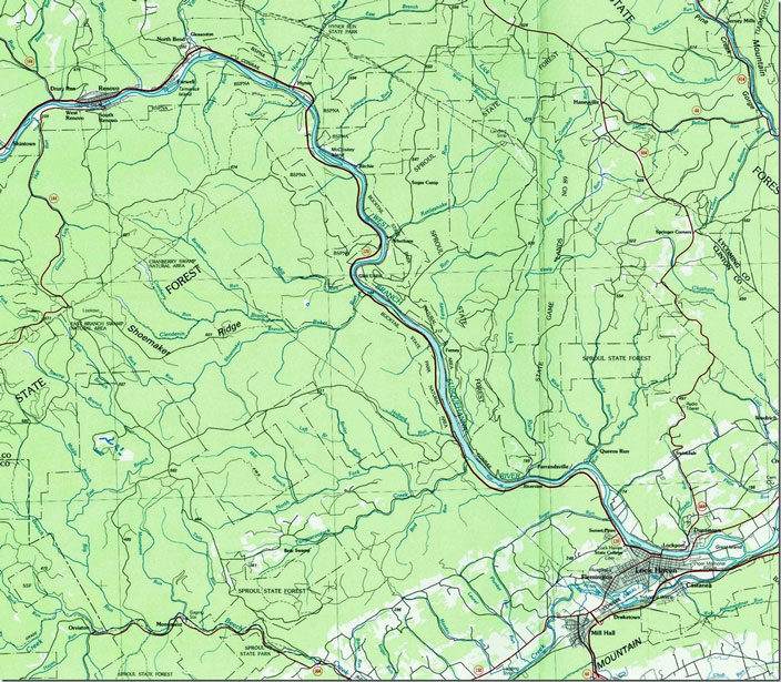 1:100,000 scale showing West Branch of the Susquehanna River valley between Renovo and Lock Haven circa 1984. Williamsport West PA, 1:100,000 quad, 1984, USGS.