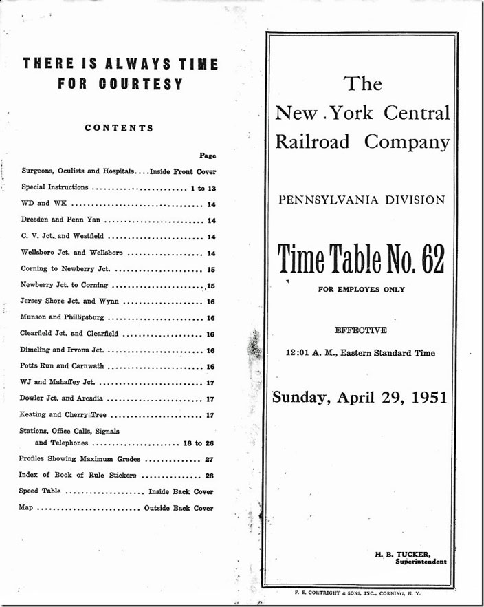 NYC Pa Div. Time Table No 62. 1951.