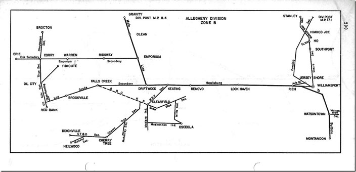 This 1974 map of the Allegheny Div. shows both former PRR and NYC track. Most of the NYC coal field line from Rich toward Clearfield is gone. The former PRR Elmira Sec. and the NYC Corning Sec. will go later. The Bald Eagle Br. out of Lock Haven is probably not shown because it is part of the Pittsburgh Region. Same for other connections. PC Allegheny Div map.