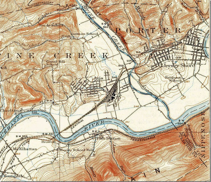 Lock Haven 1:62,500 scale for 1923 showing Avis yard and shop plus the Corning Branch coming down Pine Creek. The Beech Creek line to Clearfield extends off to the southwest. Lock Haven PA, 1:62,500 quad, 1923, USGS.