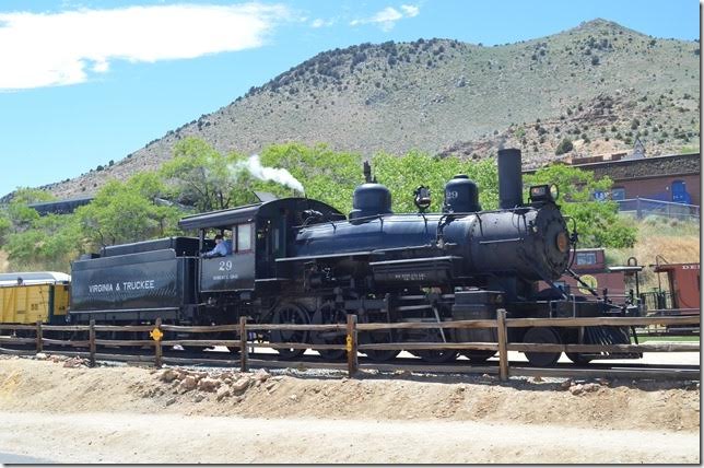 The old Vriginia & Truckee had only one 2-8-0. No. 5, built at Richmond in 1925, was acquired from Nevada Copper Belt in 1947. It retained its old number for the three years it worked on the V&T before the railroad closed down in 1950. It was the heaviest and most powerful engine used by the V&T but evidently was very hard on the old track structure. No. 29 fits the image of the V&T perfectly but is not as big as No. 5. Most, if not all, of V&T’s later motive power were oil burners. View 3. 