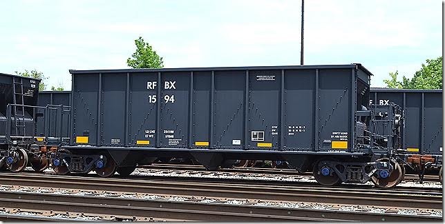 RFBX (AK Iron Resources LLC) hopper 1594 was built 11-2014 and has a load limit of 234,100. Pictured at AK Steel’s Ashland KY works on 06-17-2015. These are new cars, built by Freight Car America. This is a big group of cars (625, series 1000-1624), built beginning by July 2014.
