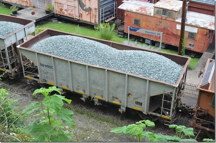 Buckingham Branch Railroad 9000 hopper is being backed by the Staunton VA station (former C&O) to dump ballast in their shop area at “C&O Flats.” Some CSX ballast cars were also in the train. 07-30-2015. BB 9000 is shows as ex-BB 1. Definitely unique on BB, but I can’t get any prior information on it. BB ballast hopper 9000. Staunton VA.