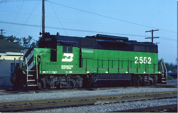 Ex-Frisco GP35 2552 with air tanks mounted on the roof. Chaffee MO. 
