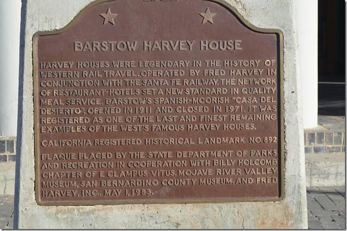 Barstow Harvey House plaque. Barstow CA.