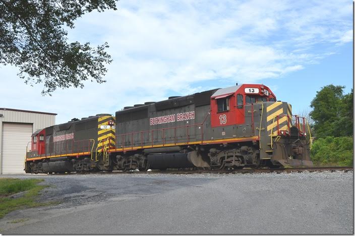 Buckingham Branch “GP40-3s” 13 and 12 parked on Sunday morning, 08-02-2015, at their “C&O Flats” yard in Staunton. No. 13 was originally Milwaukee Road; 12 started work as Penn-Central. Both were also used by KCS. Staunton.