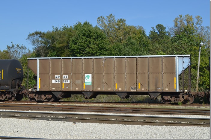 MRMX (Midwest Railcar Corp.) hopper 140084 was built by Trinity. On the Indiana Railroad at Jasonville IN. 09-19-2014.