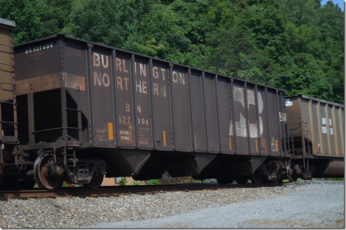 BN hopper 527494 has a load limit of 203,200 lbs and 4000 cubic feet. Built by Pullman-Standard. Wagner KY. 07-26-2015.