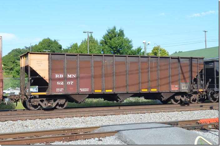 Reading, Blue Mountain & Northern (RBMN) hopper 8267 is 204,600 load limit, 3418 cu ft and built 07-1975. Seen at Lynchburg VA on 08-2015, it is loaded with anthracite coal from Good Spring PA and bound for Kinder-Morgan’s terminal in Charleston SC. I wonder if this car didn’t come from Pennsylvania Power & Light (PPLX) which had cars of 3418 volume and built around the same time.