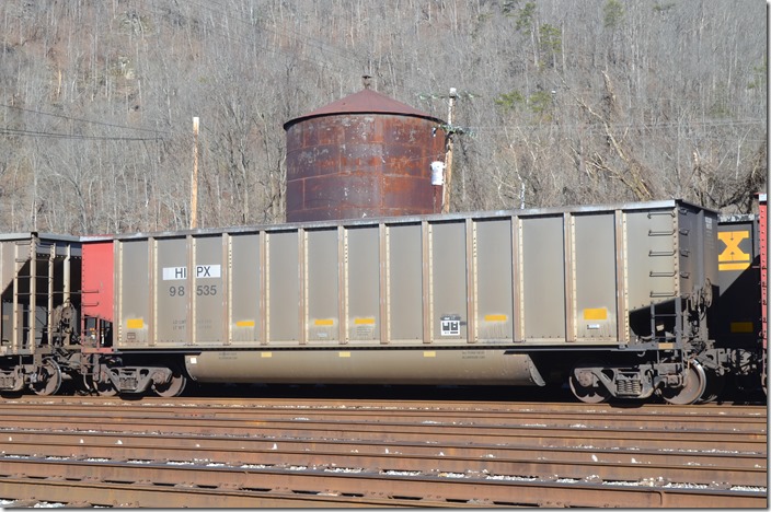 HIPX gon 98535 was built by Johnstown America 02-1998, has a load limit of 244,200 and a volume of 4480. It is ex-PMRX (Progress Rail), nee-MARX (MidAmerican Energy Co.). HIPX is confusingly NRG Energy Co., Reliant Energy, Houston Industries or Houston Light & Power. Go with NRG Energy. Shelby KY.